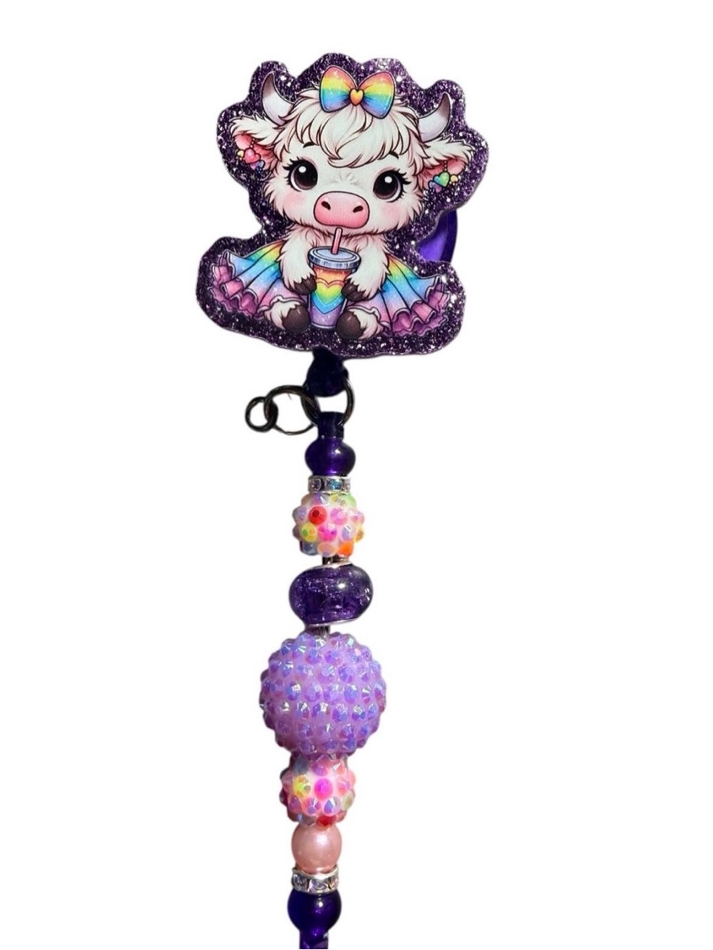 Purple Cartoon Cow Beaded Key & Card Holder - Glitter Retractable Charm
